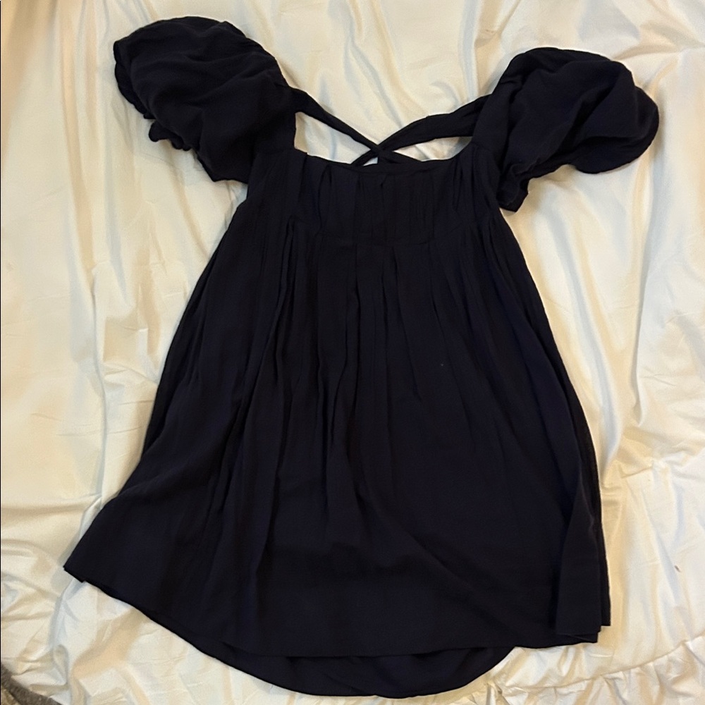Free People Navy Puff Sleeve Babydoll Dress